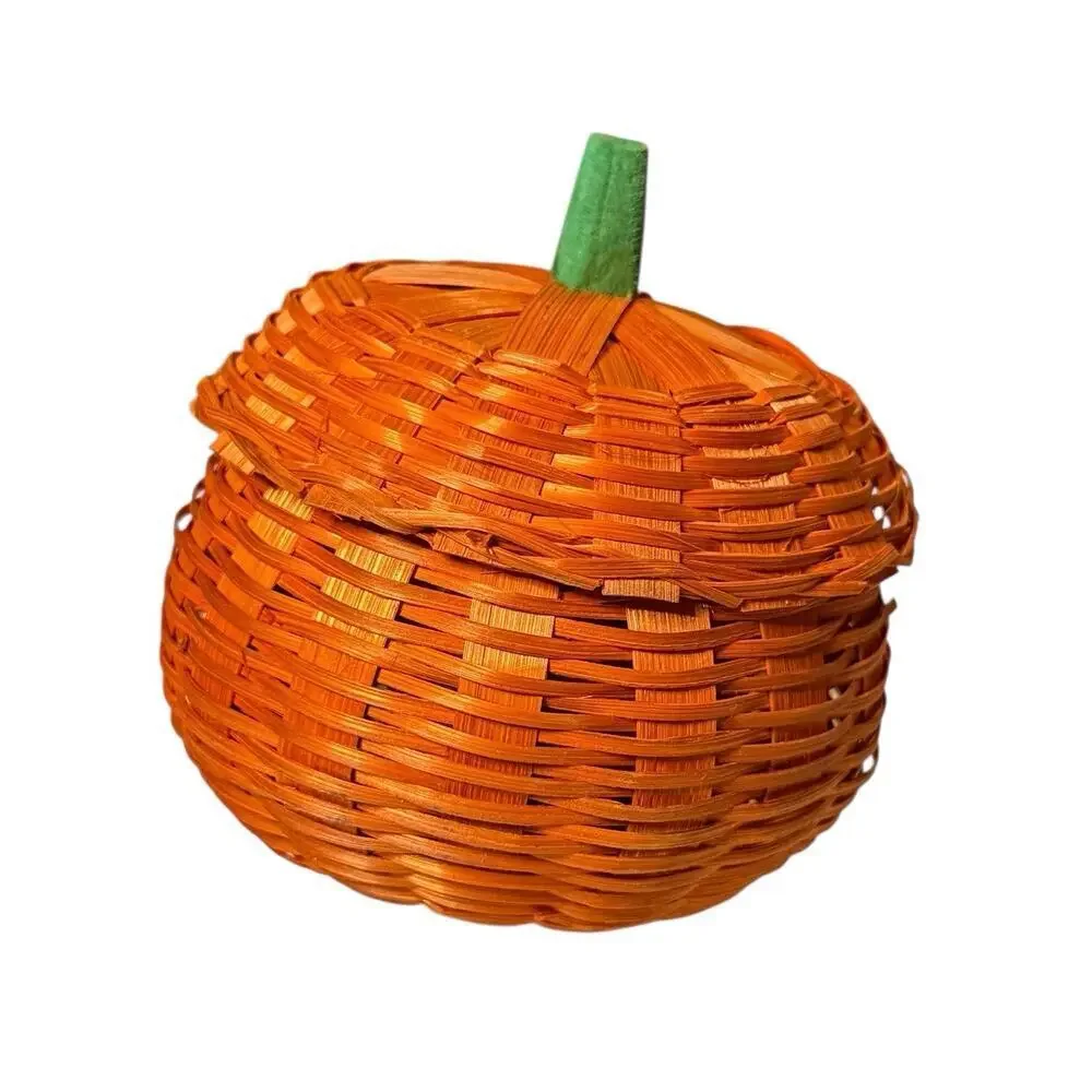 NOS Wicker Halloween Thanksgiving Orange Mini Pumpkin Woven Basket & Lid 3.5”
